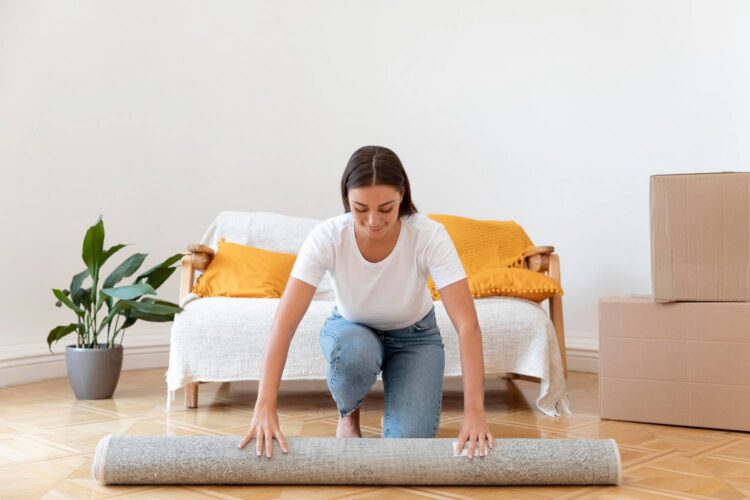 Kobieta rozkłada dywanik w salonie